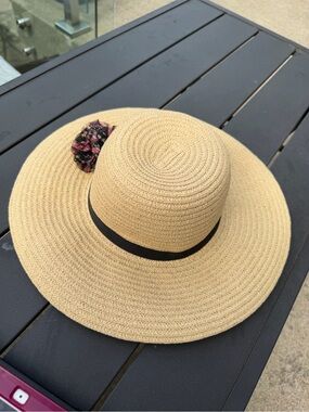 From Aldo, Women’s Wide Brim Straw Sun Hat with Black Band and Floral Accent